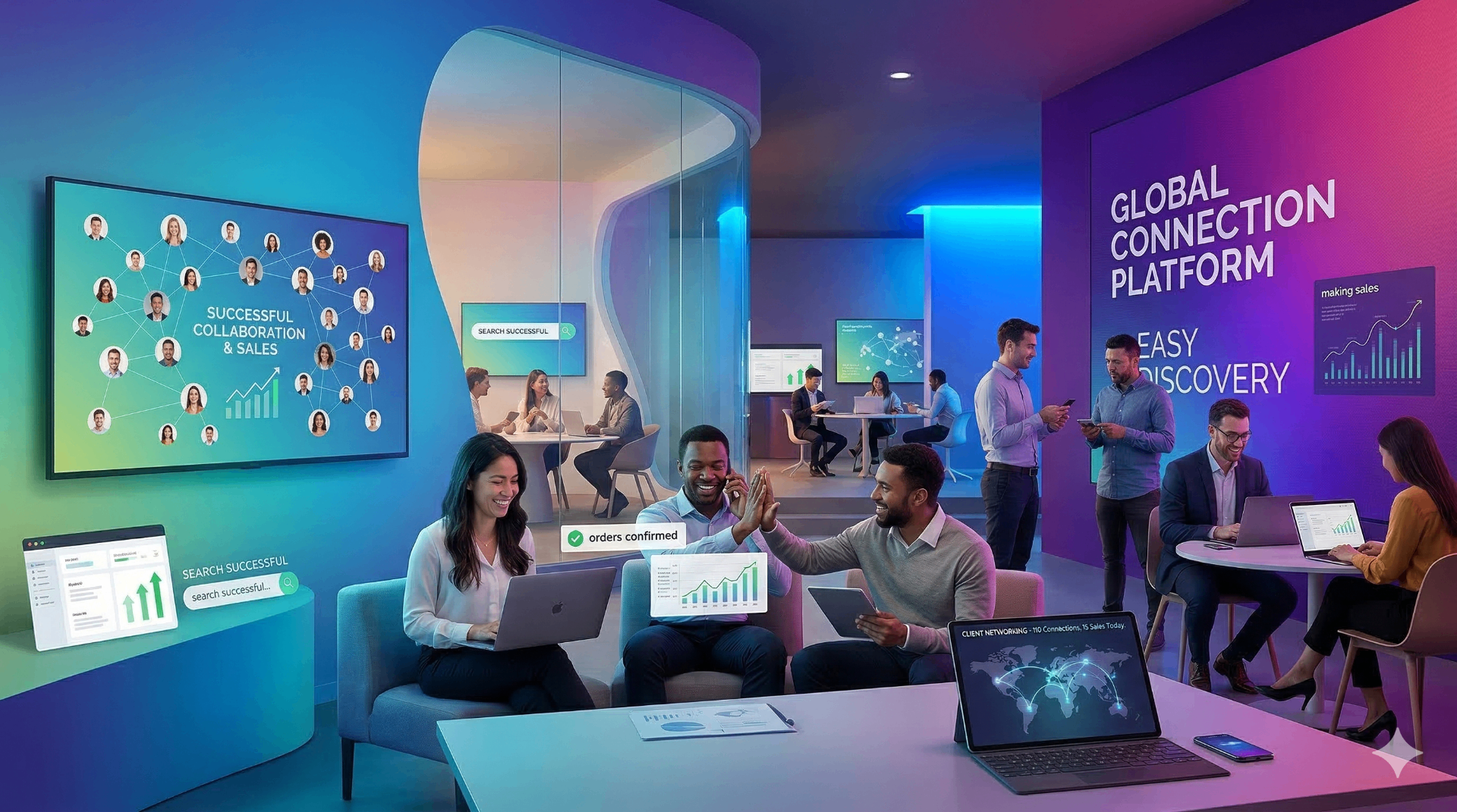 Collaborative tech workspace with dashboards and global connections