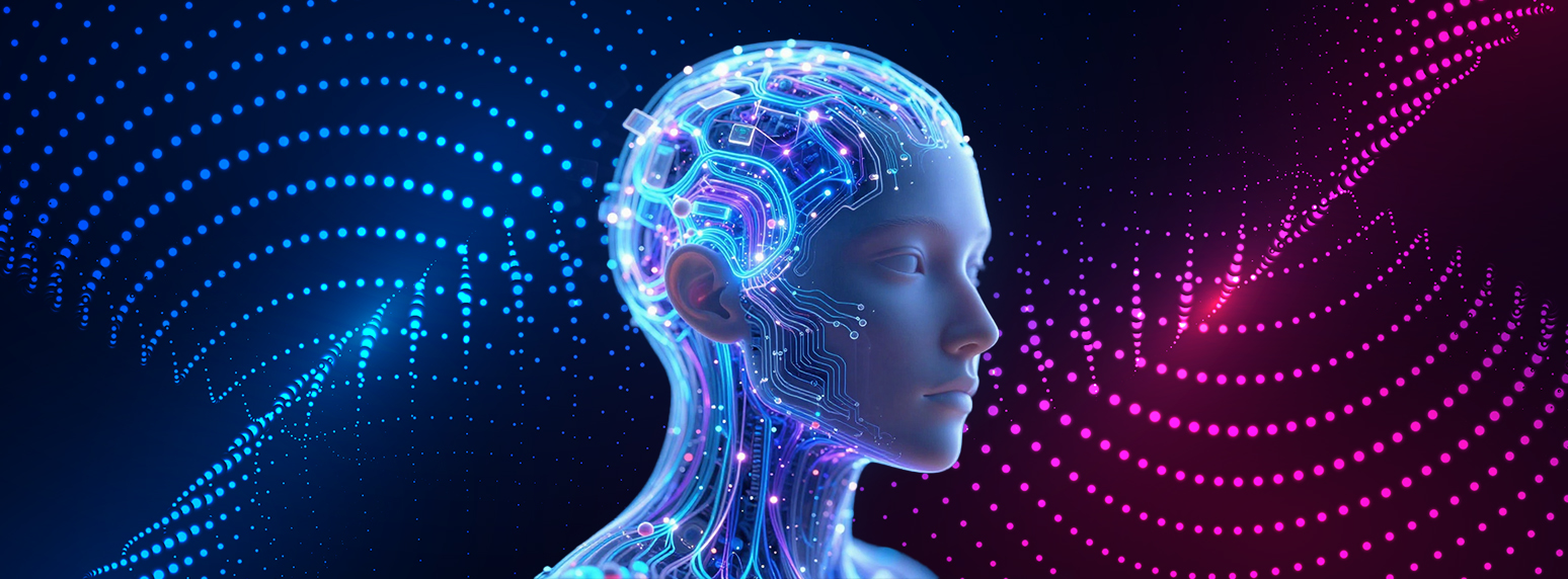 Glowing humanoid AI head with circuit patterns
