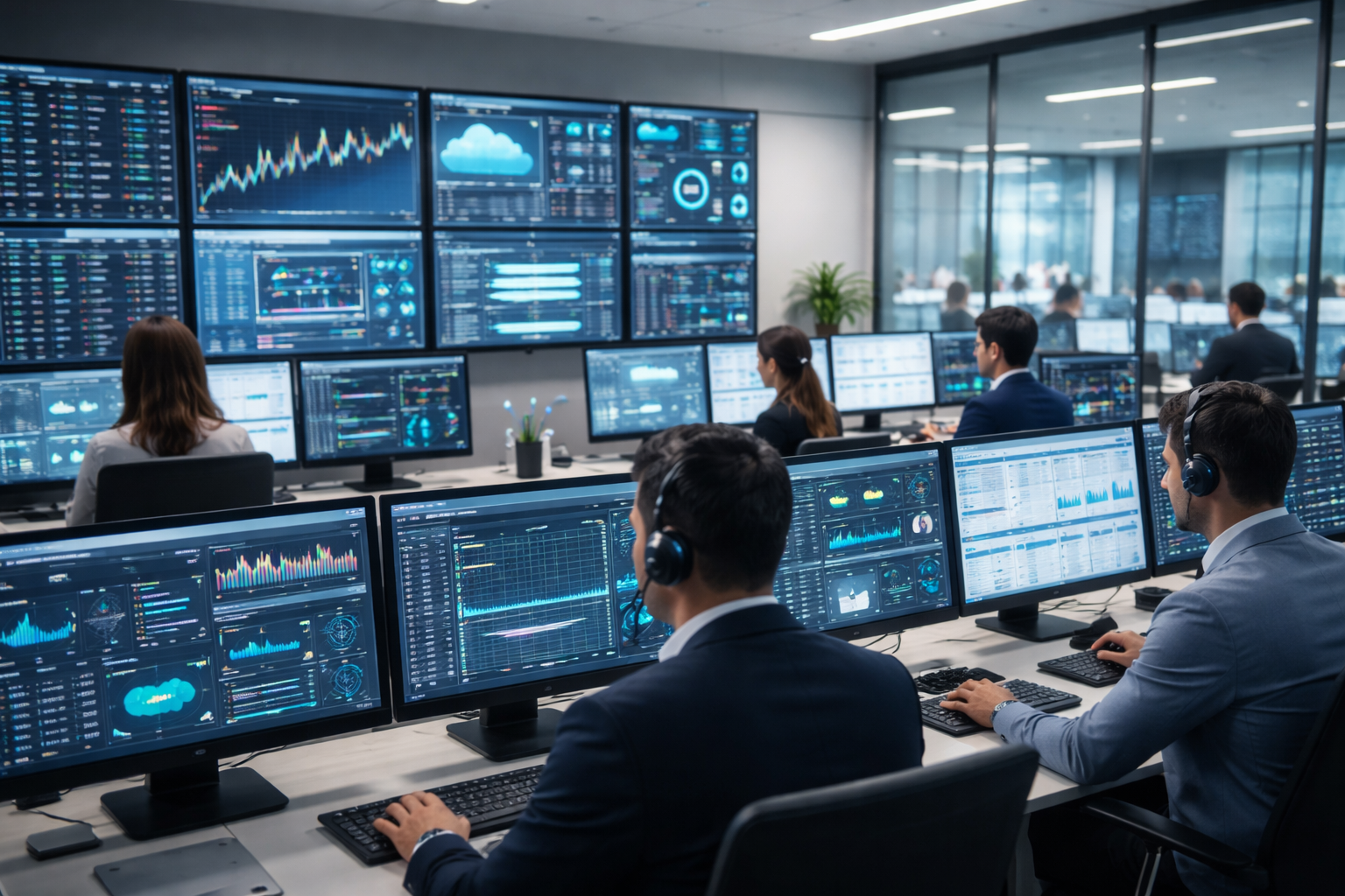 Fintech operations center with trading dashboards and call center