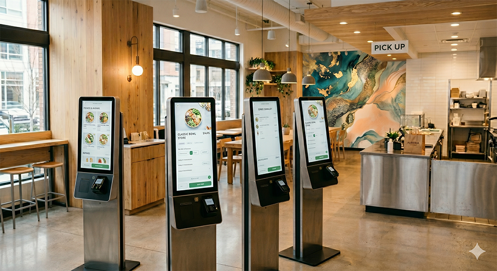 Self-service ordering kiosks in a modern restaurant