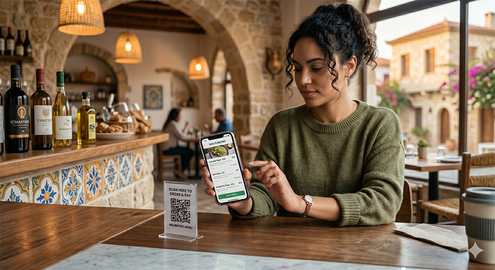 Customer scanning QR code at restaurant table
